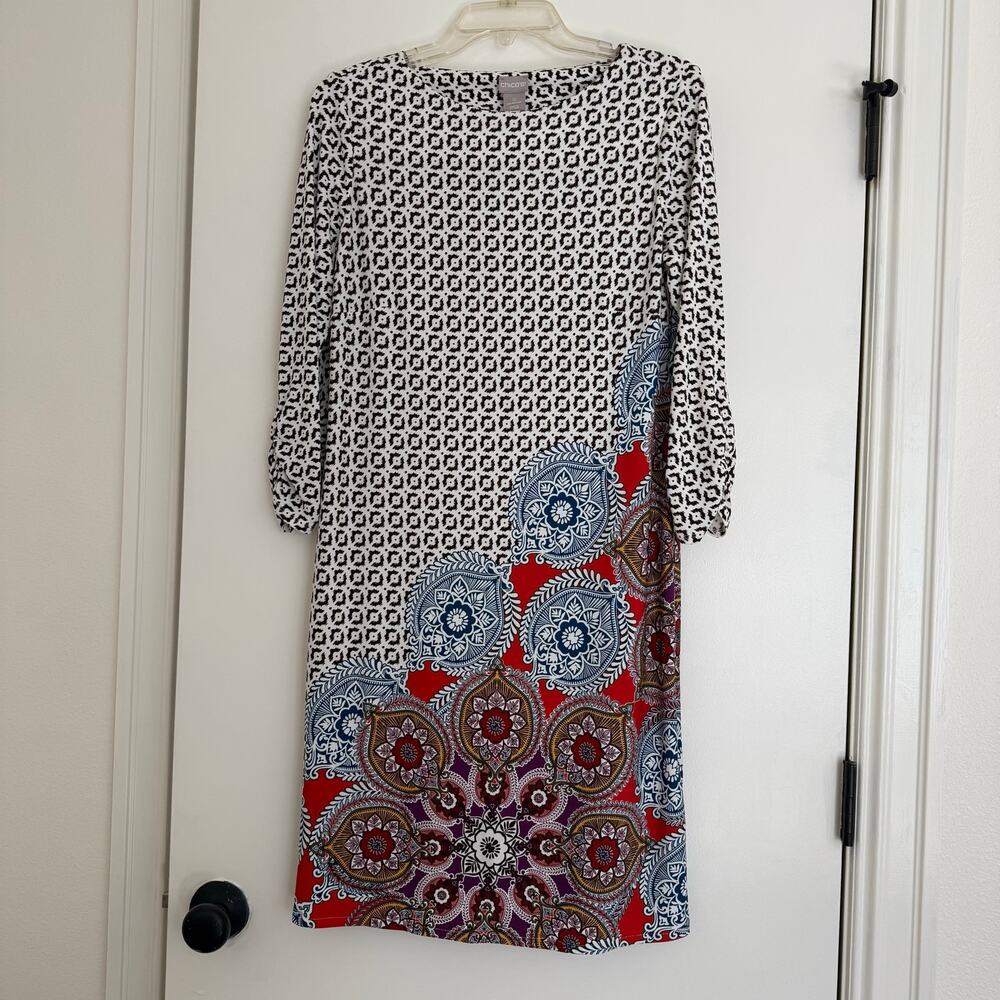 Chico’s Colorful Paisley Medallion Boho 3/4 Sleeve Sheath Dress Size 0 NEW NWT